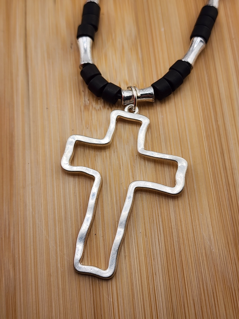 Silver Openwork Cross Pendant Necklace with Black Bead Accents